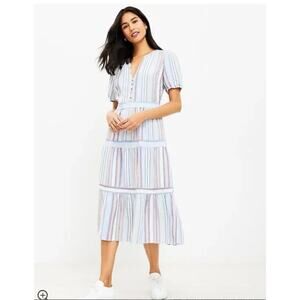 Loft Striped Button V-Neck Tiered‎ Midi Dress Size 10